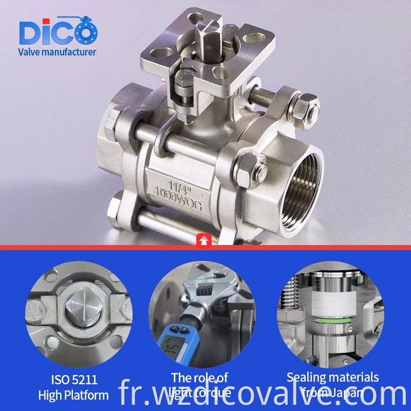 CE ISO TS Fil End End In colowing Steel avec ISO5211 Pad 3pc Valve à billes flottantes